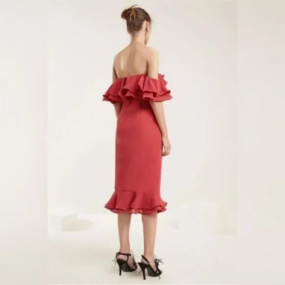 C/Meo‎ Collective Rose Immerse Off The Shoulder Layered Ruffle Midi Sheath Dress - Picture 9 of 13